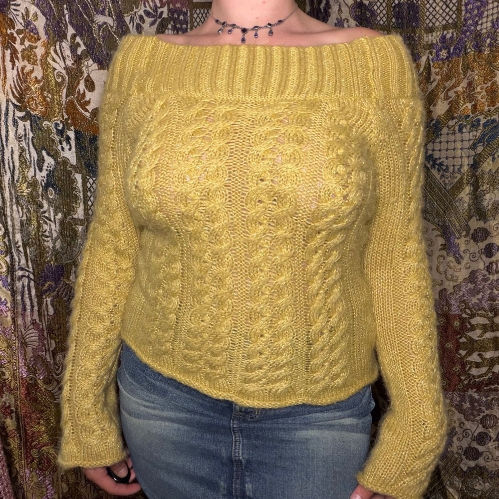 Y2K Gold Metallic Threaded Off the Shoulder Flare Sleeve Cable Knit Sweater